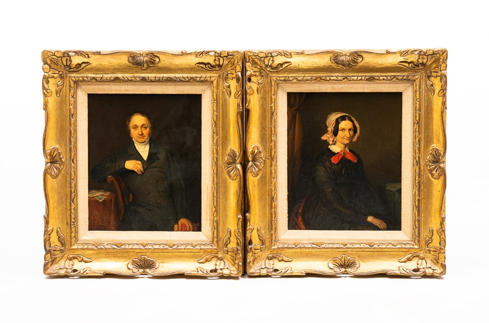 PAIR OF PORTRAITS BY WILHELMUS CORNELIS CHIMAER VAN OUDENDORP (1822-1873).: Dutch, circa 1850. Oil on board. Sight 12"h. 9.75"w. Framed 18.5"h. 16.5"w.
