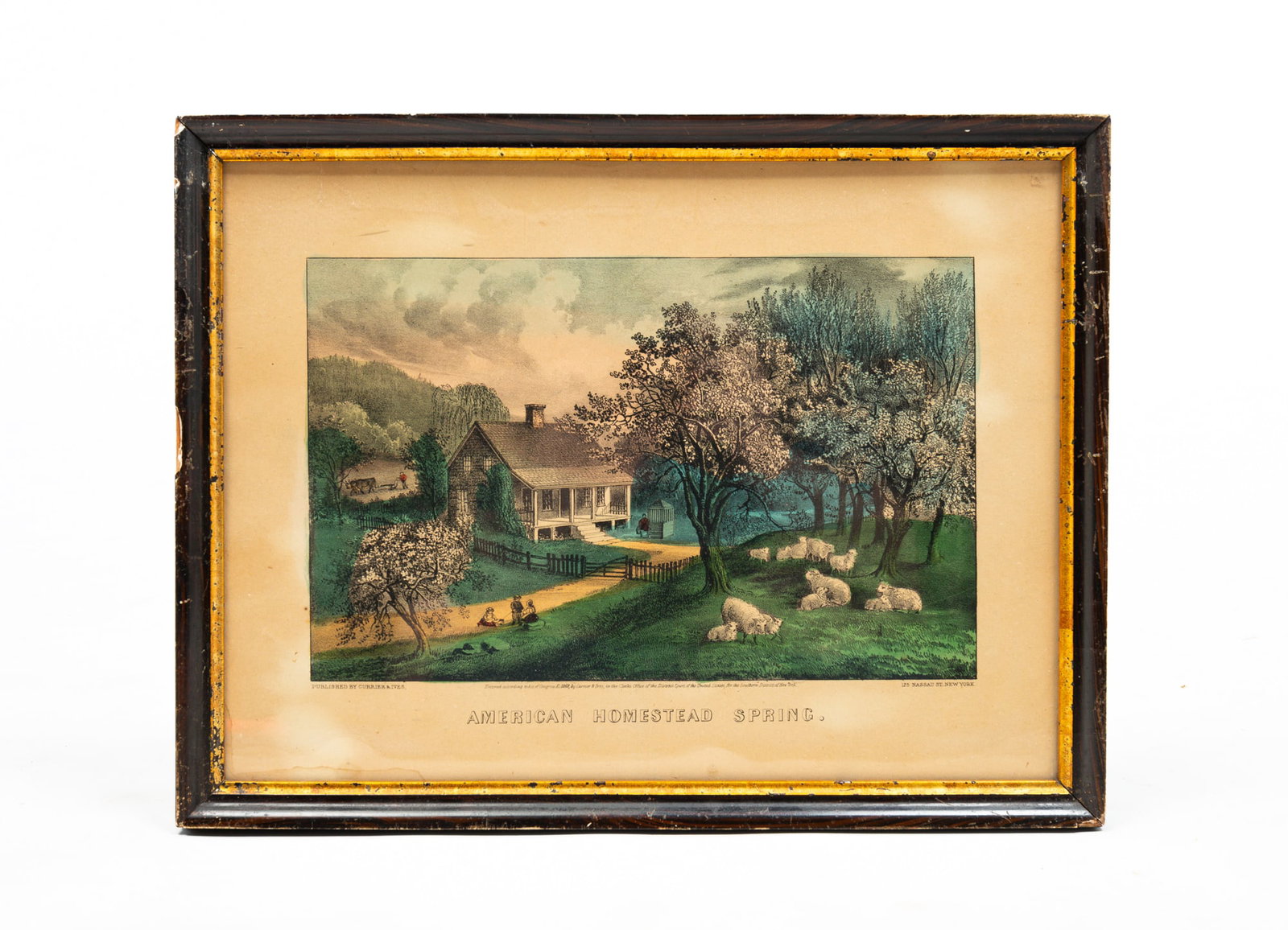 CURRIER & IVES "AMERICAN HOMESTEAD SPRING" PRINT.: American, second half 19th Century. Small folio. Hand-colored lithograph. New Best 50. Framed. Toning and wear to frame. 13.25"h. 17.25"w.