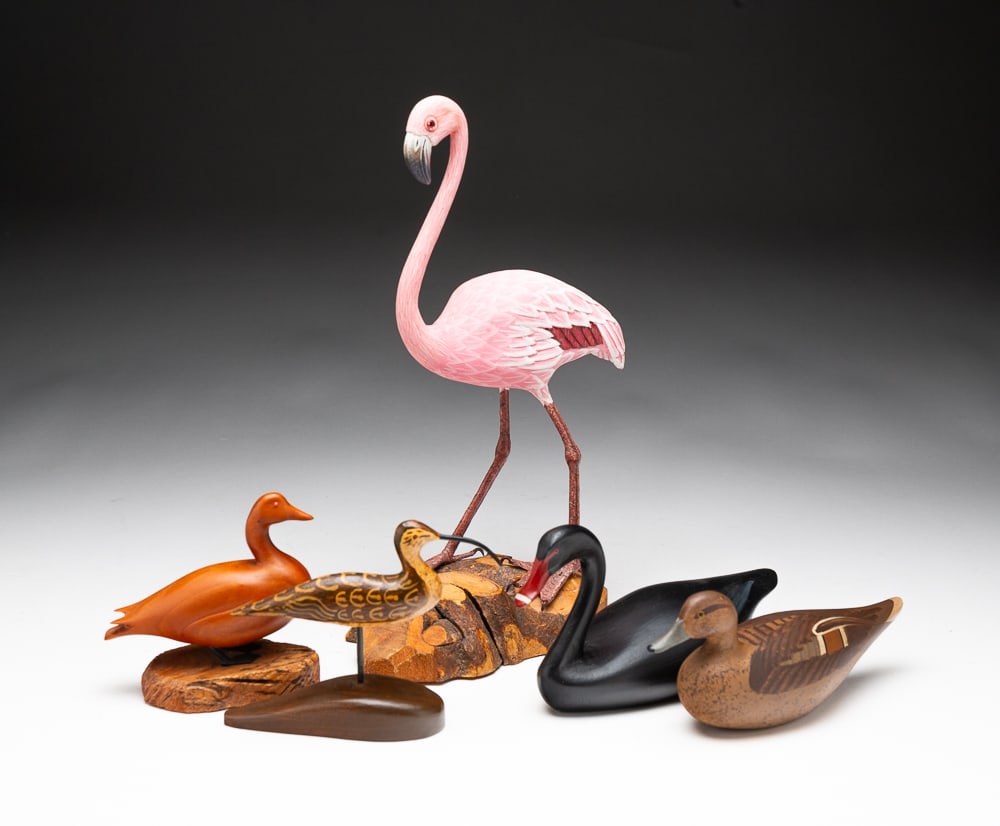 GROUP OF FIVE CARVED AND PAINTED WOOD BIRDS.: American, late-20th Century. Comprising a black swan signed "Art Boxleitner WILLOW STREET, PA" on underside; a brown duck signed "Bob Jobes 1990" on underside; a Canada goose signed "Ed Colquitt Lakel