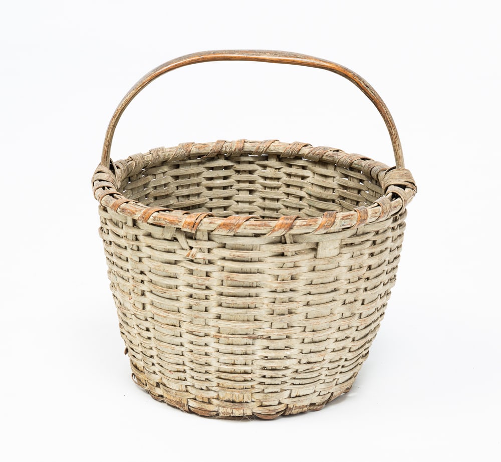 PAINTED OAK SPLINT BASKET.: American, late-19th Century. Woven splint round basket with bentwood handle. Greenish-gray paint. Nice wear. 12"h.