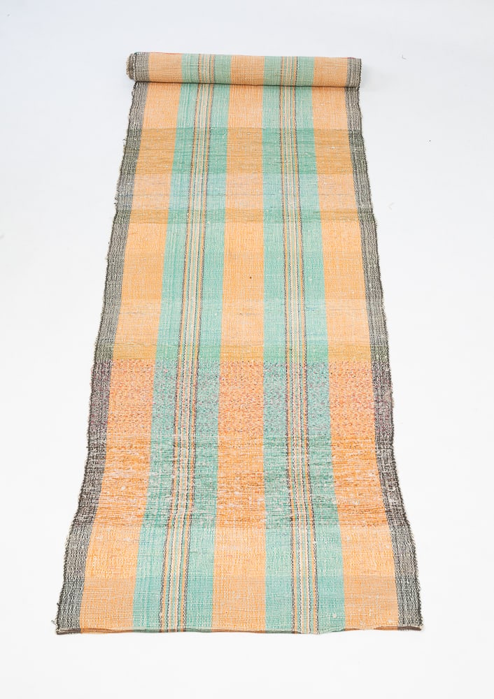 RAG RUG RUNNER.: American, first half 20th Century. Peach and teal striping. Wear, staining and some warping. 12'l. 2'2"w.