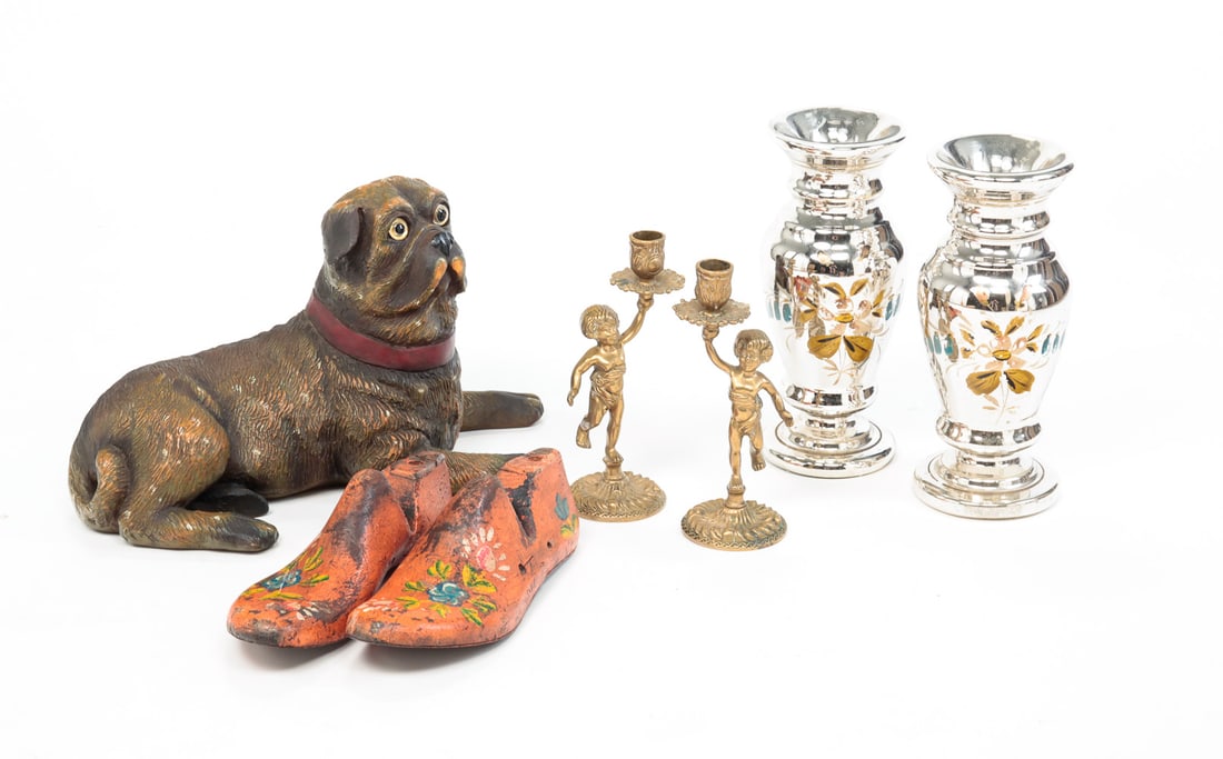 ECLECTIC GROUP.: 19th and 20th Centuries. A pair of mercury glass vases with enameled flowers, wear, 11.25 "h. A pair of figural brass candlesticks 9"h. A pair of shoe molds with orange paint and floral decoration. We