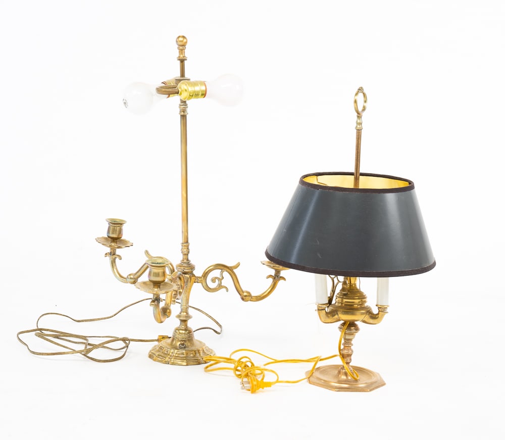 TWO TABLE LAMPS.: European, 20th Century. Brass. A Lucerna with three candle lights. 21"h. And a three branch candelabra. 24"h.