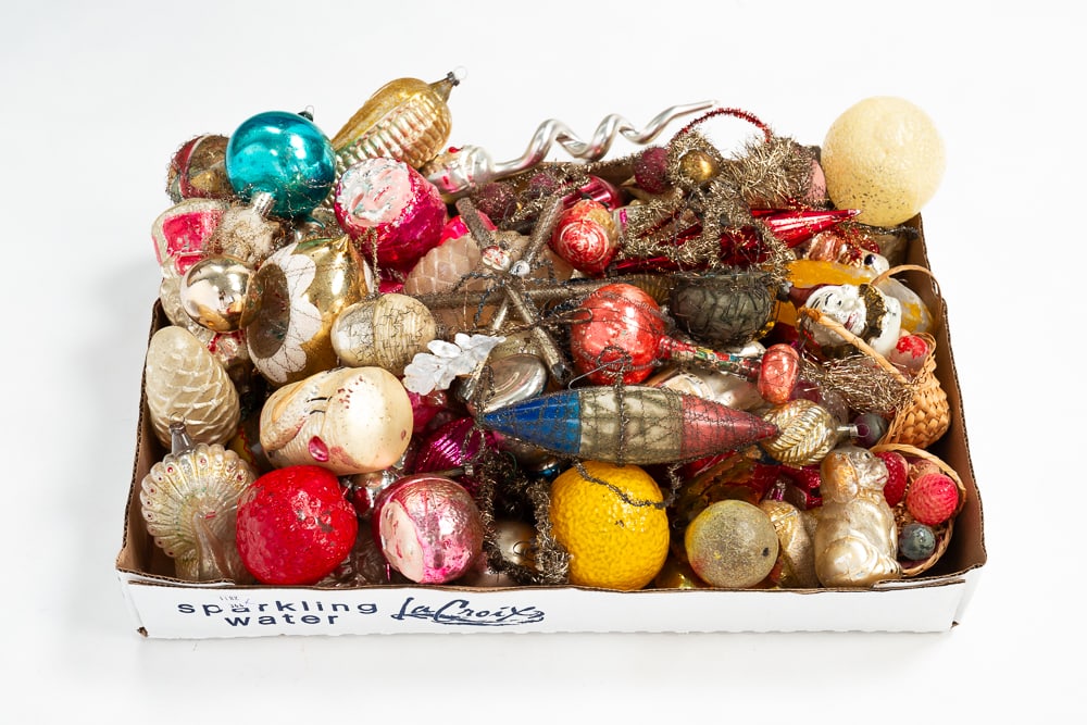 GROUPING OF GLASS CHRISTMAS ORNAMENTS.: American and German, late-19th and early-20th Centuries. Some blown glass. Various shapes and forms including nuts, fruits, balls, clowns, animals, Santas and others. Varying wear and loss.
