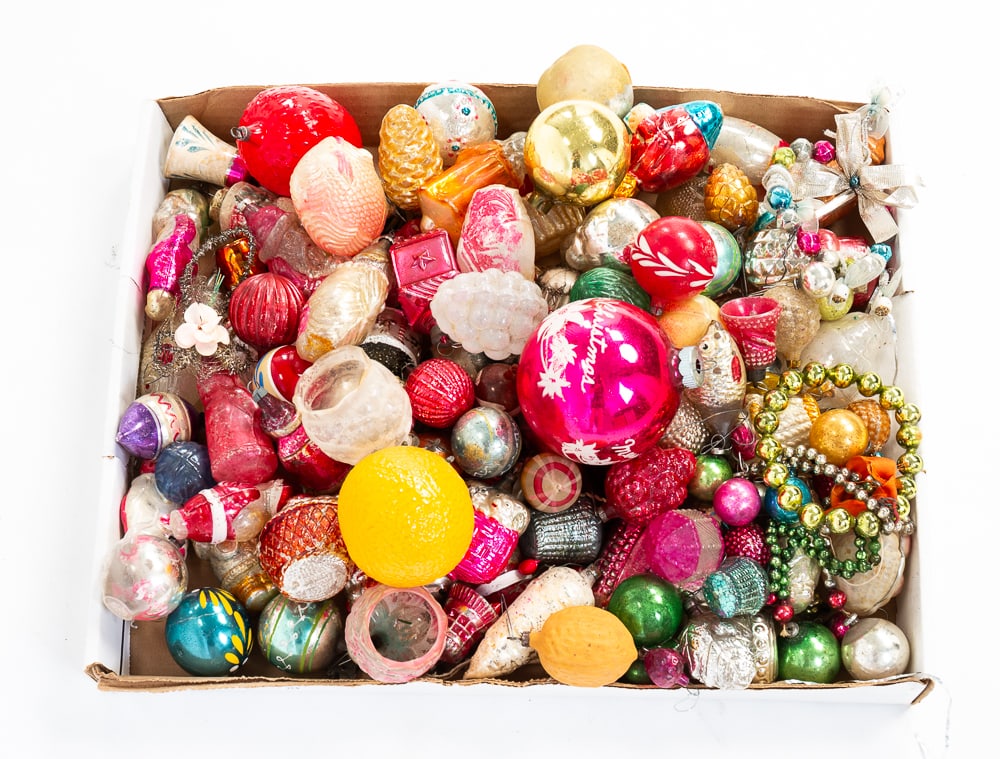 GLASS CHRISTMAS ORNAMENTS.: American and German, late-19th and early-20th Centuries. Some blown glass. Various shapes and forms including nuts, fruits, balls, Santas and others. Varying wear and loss.