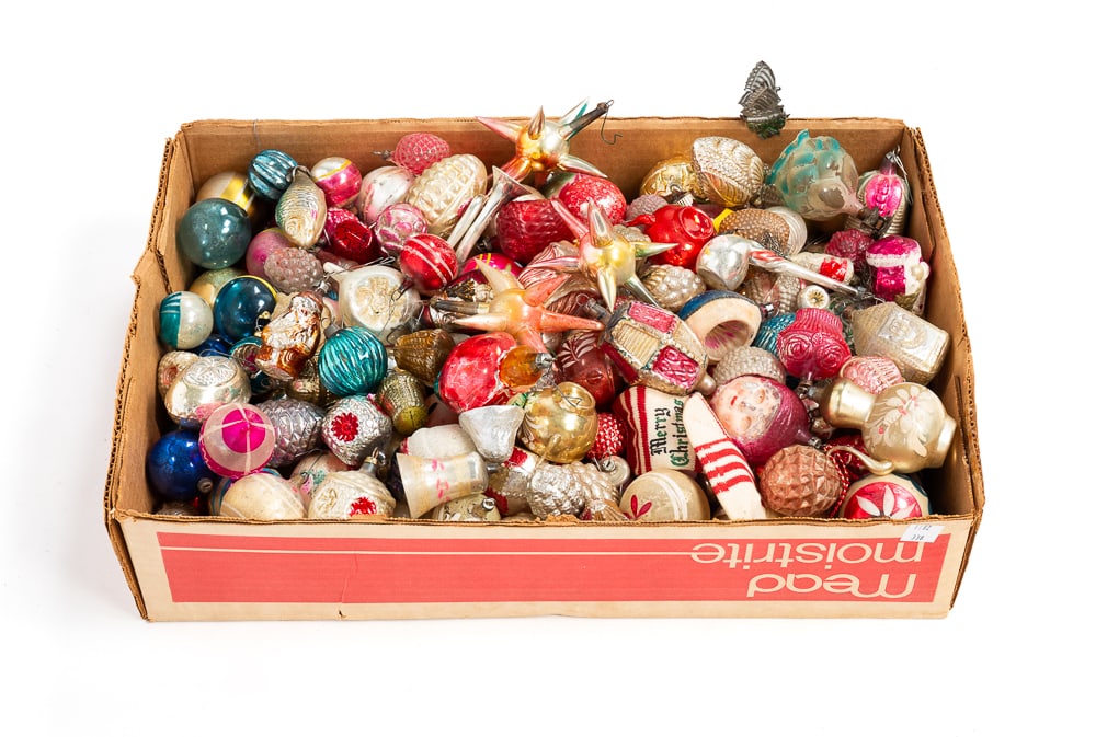 GROUPING OF GLASS CHRISTMAS ORNAMENTS.: American and German, late-19th and early-20th Centuries. Some blown glass and some Shiny Brites. Various shapes and forms including nuts, fruits, balls, Santas and others. Varying wear and loss.