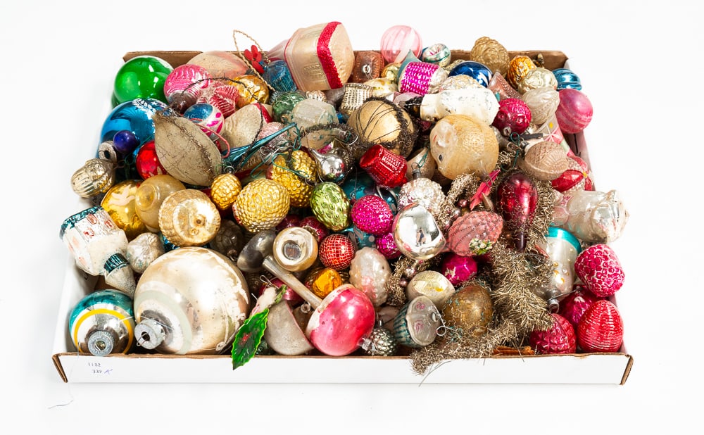 GLASS CHRISTMAS ORNAMENTS.: American and German, late-19th and early-20th Centuries. Some blown glass. Various shapes and forms including nuts, fruits, balls, Santas and others. Varying wear and loss.