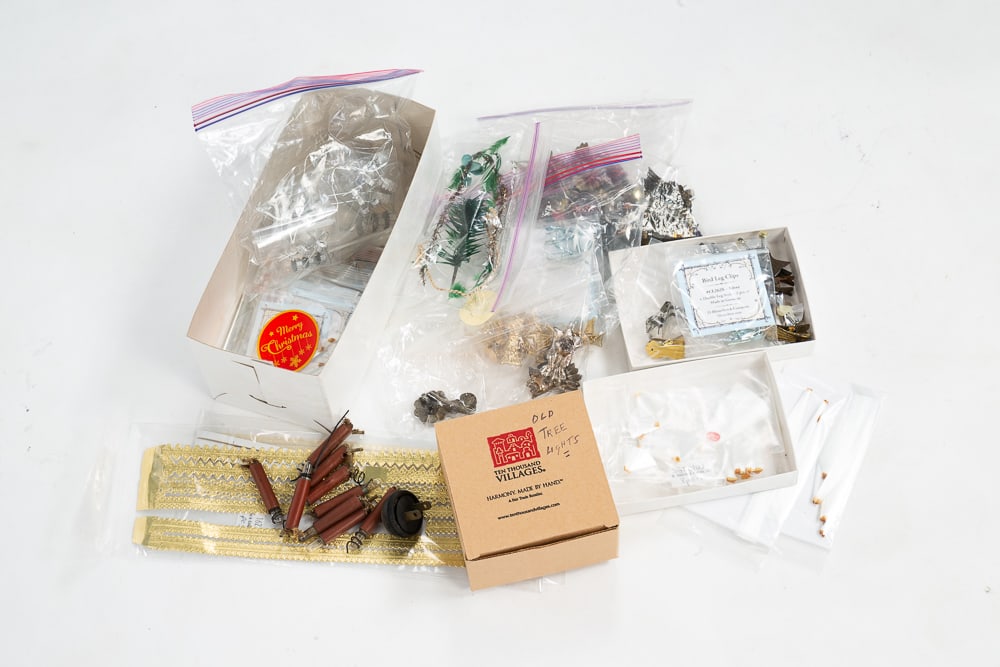 GROUPING OF ORNAMENT ACCESSORIES.: Grouping of repair accessories to fix Christmas ornaments. Includes clips, holders, spun glass tails, trim, findings and lights.