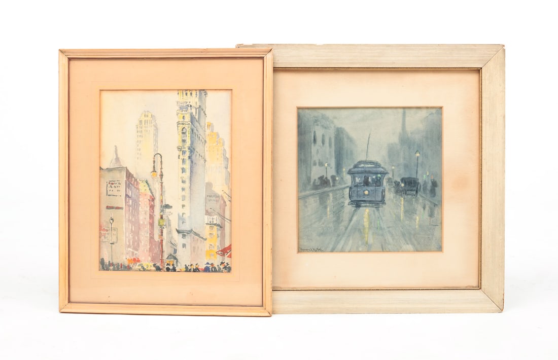 UNKNOWN ARTISTS "TWO CITY SCENES".: American, first half 20th Century. Watercolor on paper, signed. Skyscrapers by "Lust". 21.25"h. 17.25"w. And trolley cars by "Frederick A. MacNeal". 21.5"h. 21.5"w.