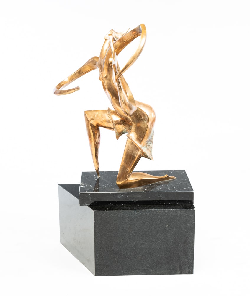 ISAAC KAHN "KING LIRI" SCULPTURE.: Lithuanian, 20th Century. Bronze figure holding lyre on black marble plinth base. Signed and numbered "I KAHN 3/50" on foot. 30.25"h. 17"w. 22"d. Additional black stone base 14"h.