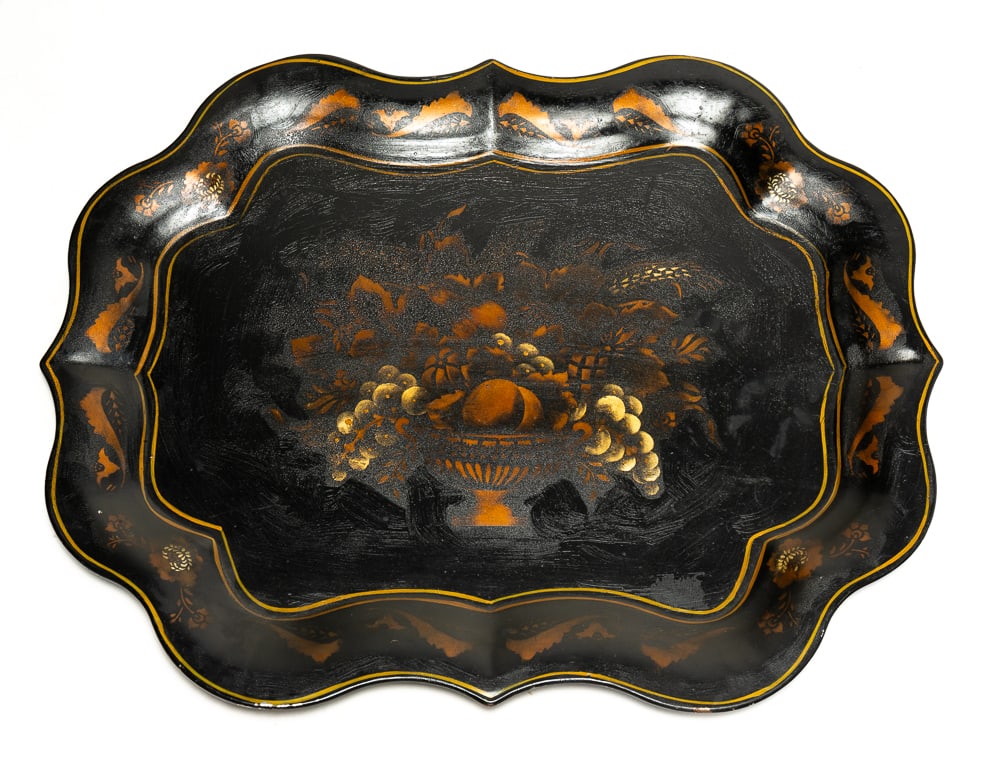 TOLE TRAY.: American, 20th Century. Signed Marion Wright Wodruff to verso. Shaped edge, stenciled fruit basket to center, leaf and floral border with painted gold trim. Varnished. 19.75"h. 25"w.