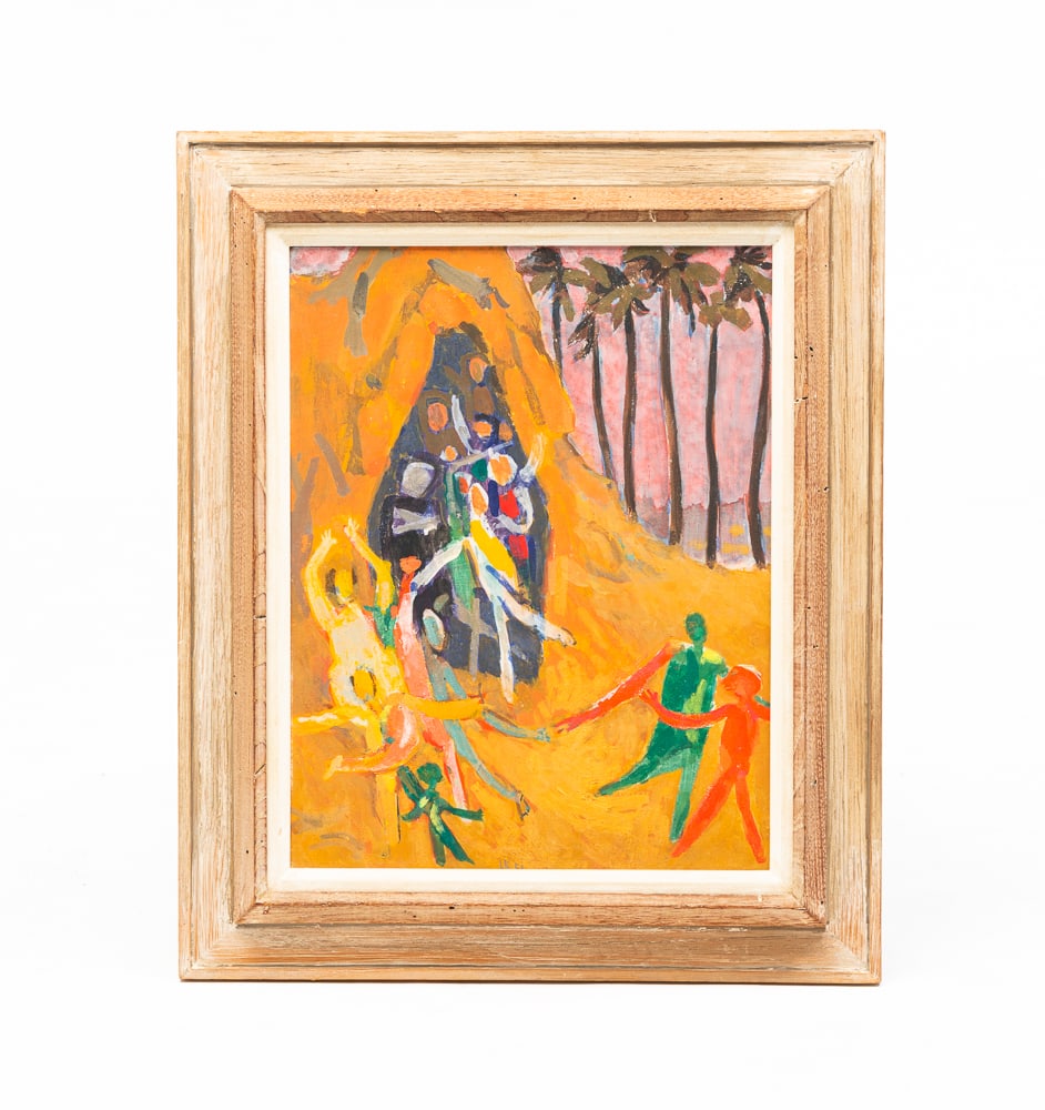 IRVING KRIESBERG (1919-2009) OIL ON MASONITE.: American, dated (19)51. Signed and dated lower center. Abstract figural scene with palm trees. In wooden frame with linen liner. 18"h. 14"w. Framed 24.1"h. 20"w.