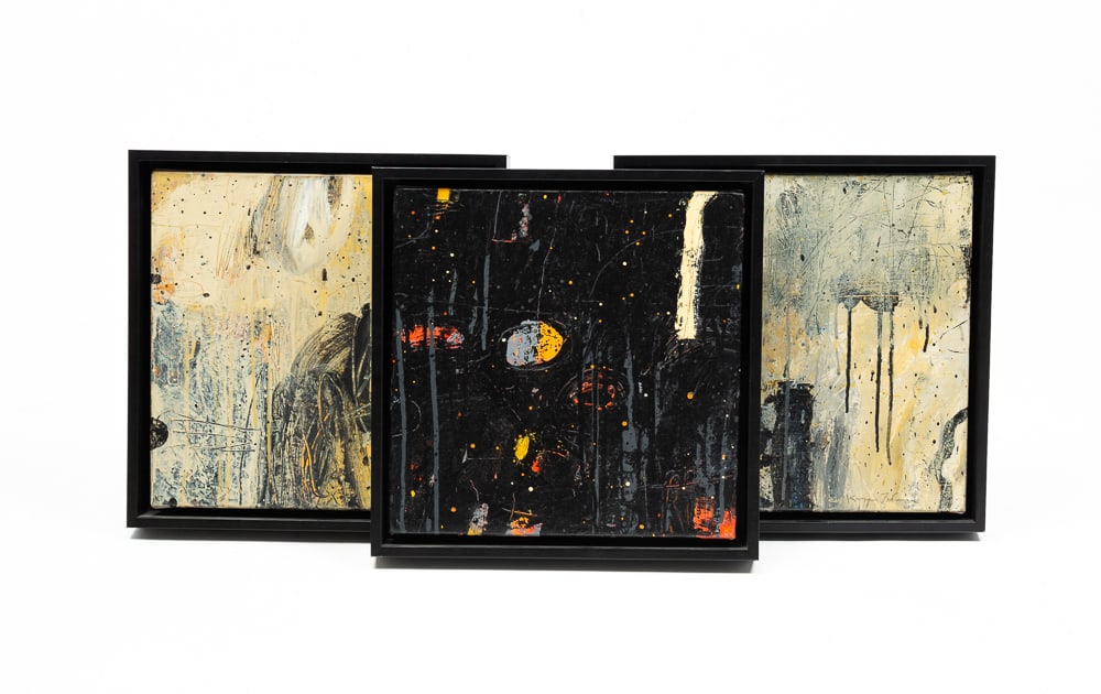 THREE ABSTRACT WORKS BY KEVIN TOLMAN (B. 1949).: American, Contemporary. Acrylic, mixed media on canvas. "Winter Marker" gray, black and yellowish gray. "Anto" mostly tan, gray and blue. "Night Trace" black with orange, yellow and gray. Each 12" squ