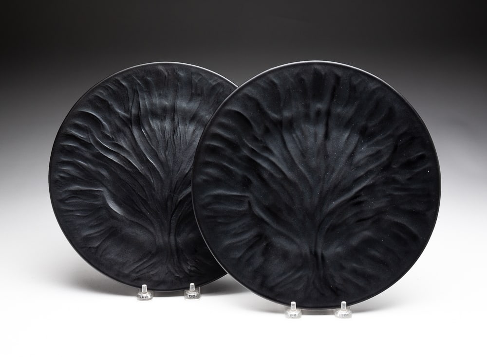 PAIR OF LALIQUE "ALGUES" PLATES.: French, Contemporary. Black glass with matte leafy front and shiny back. Signed with diamond stylus "Lalique, France". 11.25"dia.
