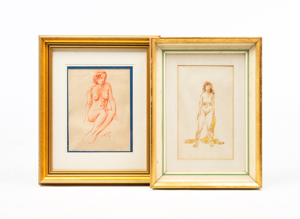 TWO NUDES BY CLYDE SINGER (1908-1998).: Clyde Singer (American, 1908-1998). The first a drawing in red pencil of a seated nude woman, signed "CLYDE SINGER 4-31." Matted and framed. Two small holes to left and right of head and one small hol