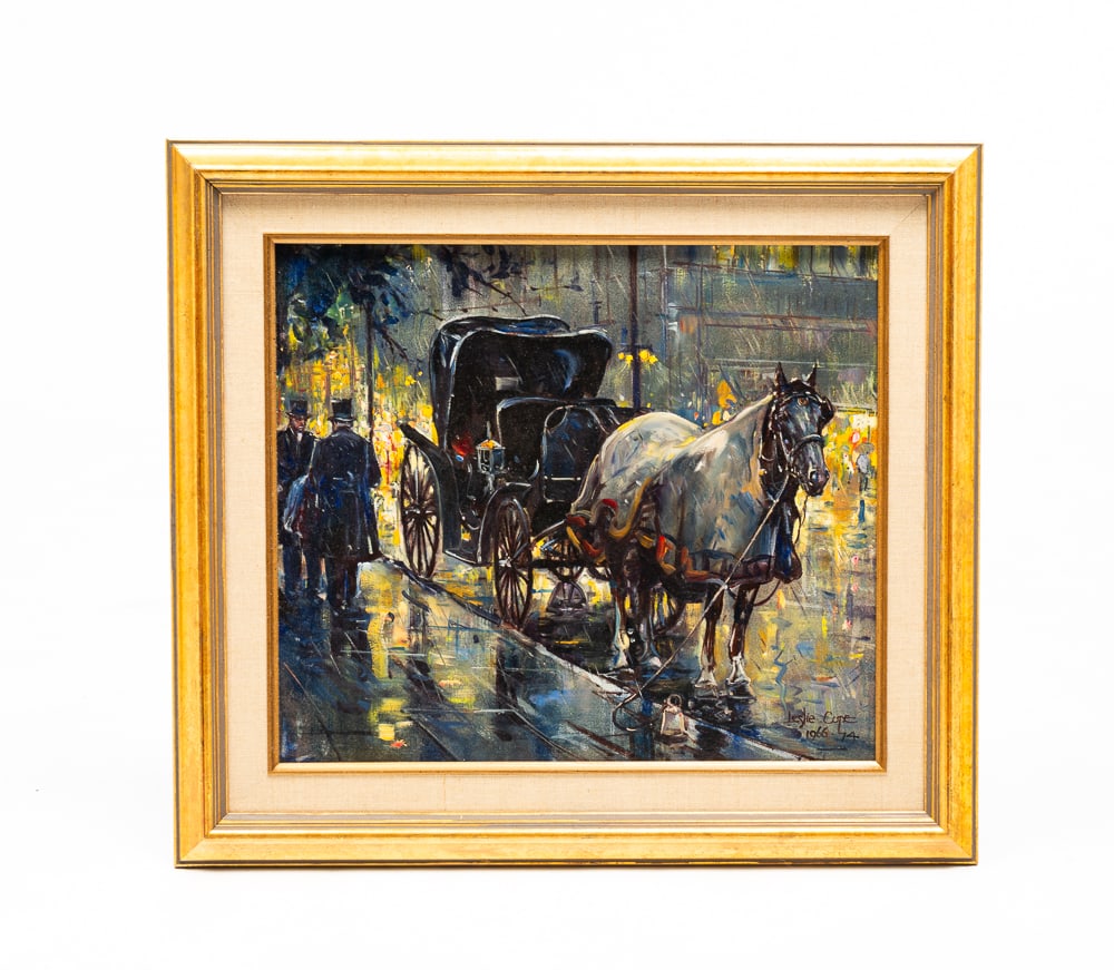 LESLIE COPE (1913-2002) "CITY SCENE".: American (Ohio), dated 1966-74. Oil on board. Rainy night scene with a horse drawn carriage parked on the street. Gilded frame with linen and gilt liners. Sight 12.5"h. 14.5"w. Framed 17.5"h. 19.5"w.