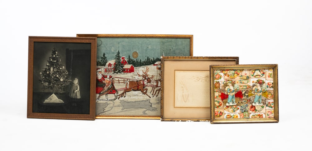 FOUR FRAMED CHRISTMAS ARTICLES.: American, circa 1900. A collage made from cards and thank you notes with Santas and tinsel, 13.25"h. 16"w. A Merry Christmas paper cut out, 15"h. 18"w. A girl by the Christmas tree print, 19"h. 16"w. 