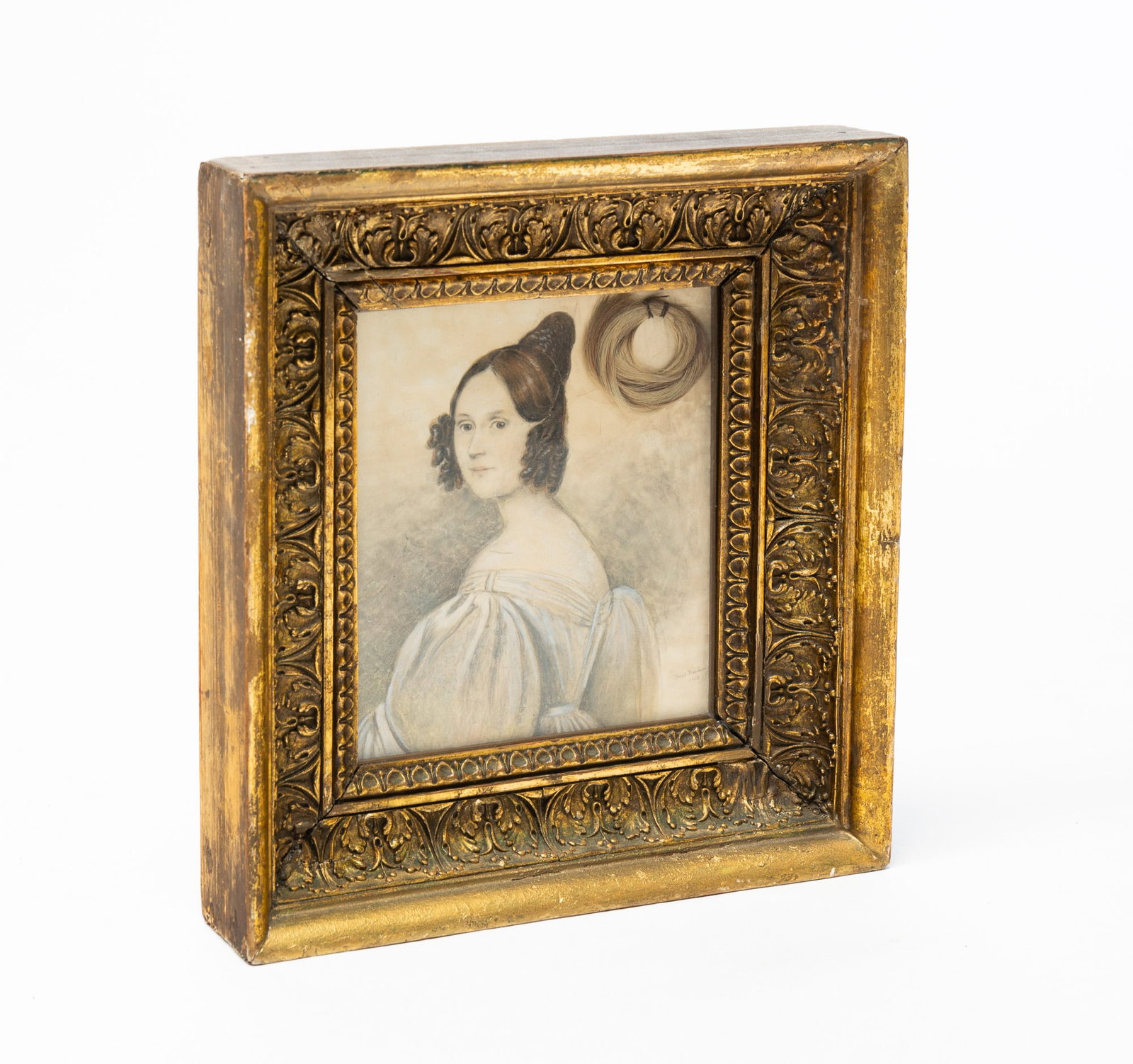 PORTRAIT OF A LADY SIGNED FRIED. BRAUER (1796-1855).: German, dated 1835. Friedrich Brauer. Watercolor on paper. Lady wearing an off the shoulder dress with her hair half pulled back. Signed lower right. Also includes a lock of hair behind the glass. In 