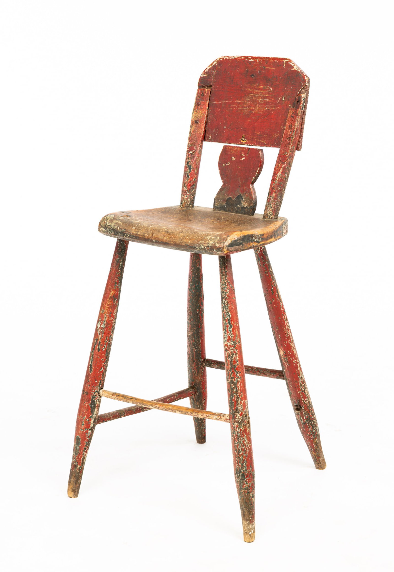 PRIMITIVE RED PAINTED HIGHCHAIR.: American, 19th Century. Make-do construction over bulbous splat, with a paint history. Overall, 34"h. Seat height, 22". From the collection of the late Audrey Caspari (New Jersey).