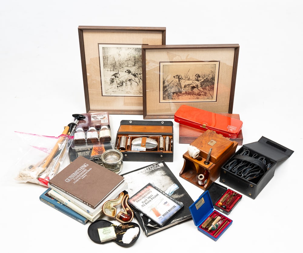 GENTLEMEN'S COLLECTION.: 20th Century. Two Percival Rosseau prints, knife and fire arms books. Several firearm cleaning kits, a silver plated shaving mug, a boxed men's traveling shaving and grooming kit, a set of ten pairs o