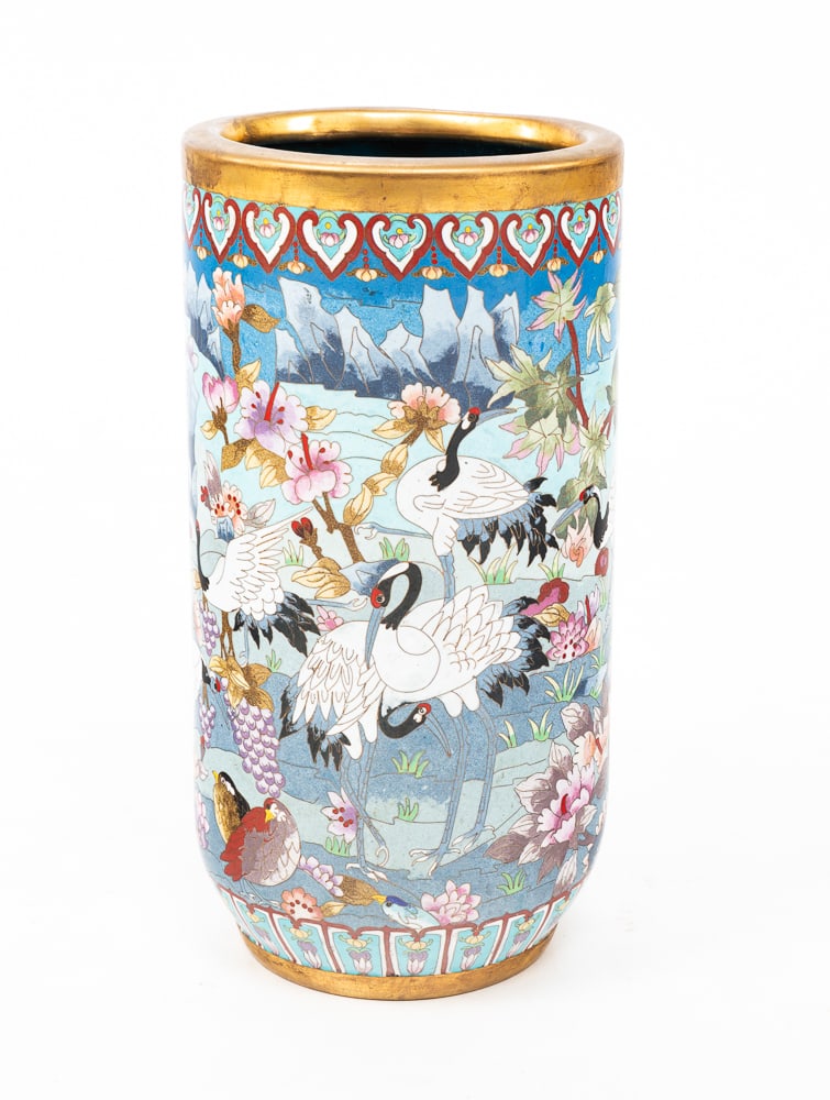 CHINESE CLOISONNE UMBRELLA STAND.: Chinese, circa 1900. Decorated with cranes and other birds amid flowers with stylized flower borders, the interior enameled turquoise. 18"h. 9"dia.