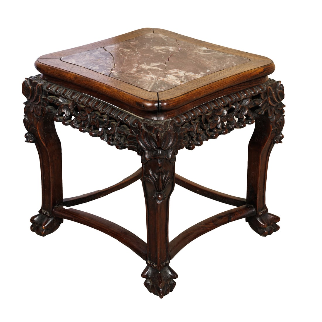 CARVED LOW ELMWOOD TABLE WITH MARBLE INSERT.: Chinese, 20th Century. Marble top is cracked.