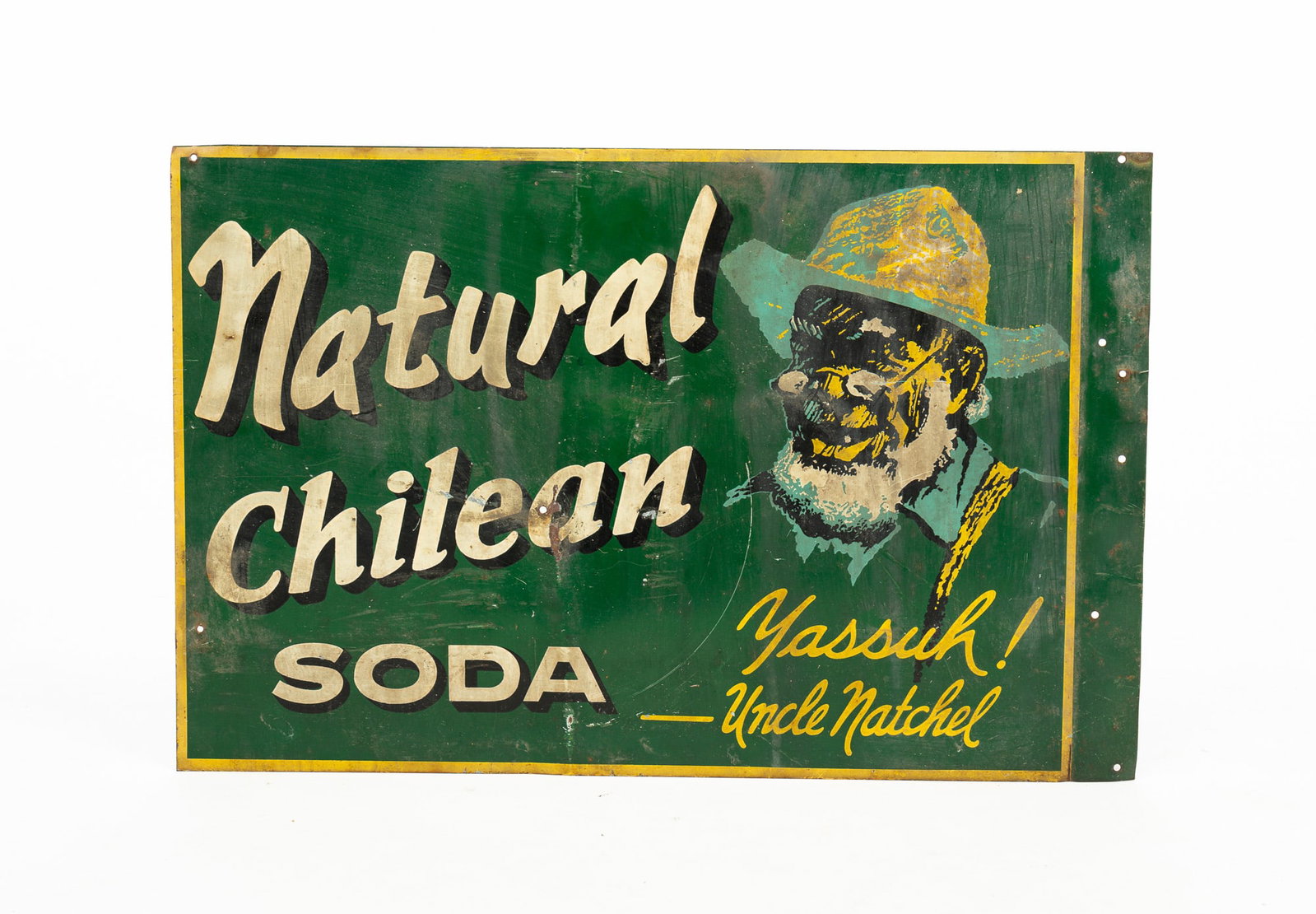NATURAL CHILEAN SODA SIGN.: American, mid-20th Century. Metal flange sign with advertising on both sides. Rust and punctures. 15"h. 23"w.
