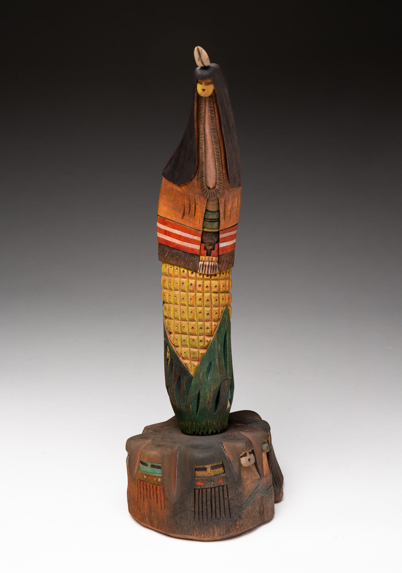 HOPI YELLOW CORN MAIDEN KACHINA DOLL.: Hopi, late-20th or early-21st Century. Polychrome painted cottonwood. Signed "HOPI YELLOW MANA TED FRANCIS JR" on underside. 13.5"h.
