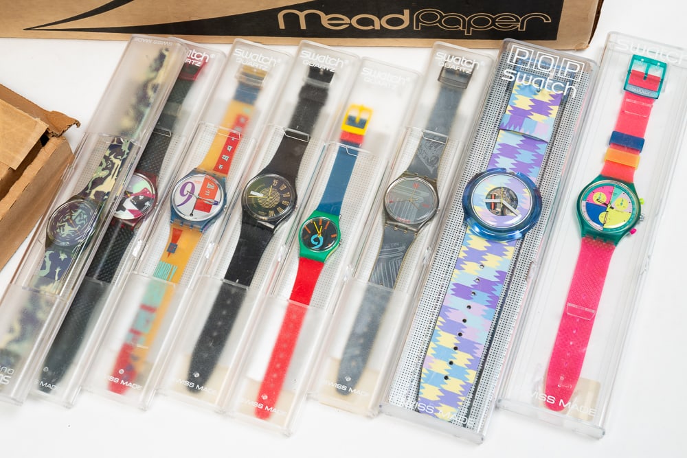 LIMITED SPECIAL EDITION AND LUXURY SWATCHES.: Swiss, 20th Century. Nine boxed Swatch watches. In original boxes. Includes a "#2 Lots of Dots" from the Swatch Collectors Club, a wide band "Pop Swatch" in pastel colors, "Ombly Sena Tings" Chinese m