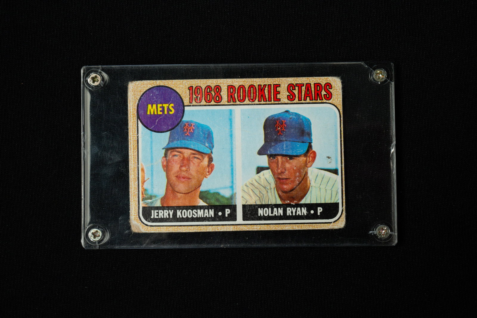 1968 TOPPS #177 METS JERRY KOOSMAN / NOLAN RYAN ROOKIE CARD.: American, 20th Century. Topps Mets rookie card with both Jerry Koosman and Nolan Ryan. In plastic protector. Ex. The Lifetime Sports Memorabilia Collection of Marc Wolff & Amy Brill.