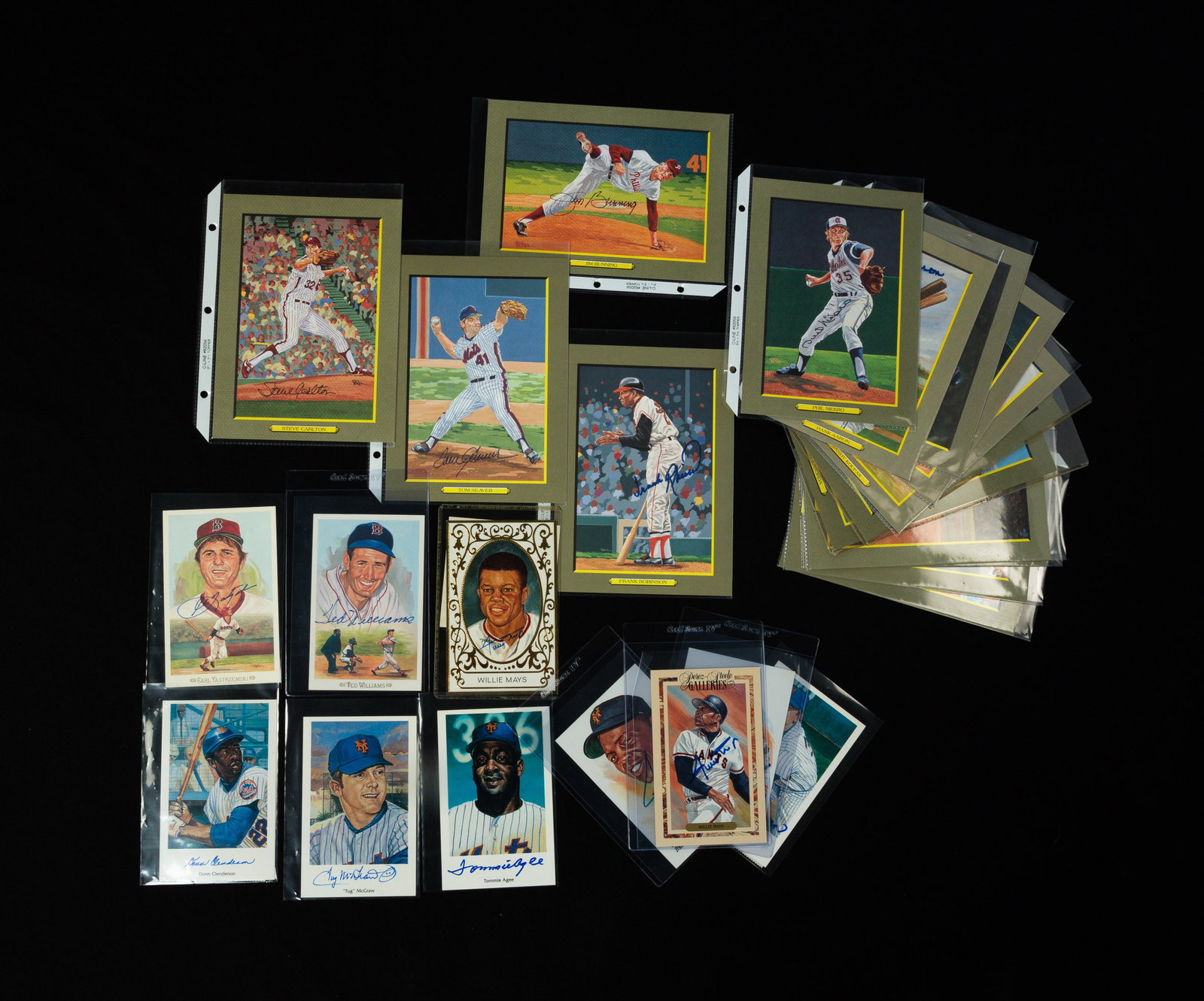 PEREZ-STEELE GALLERIES AUTOGRAPHED BASEBALL POSTCARDS AND PRINTS.: American, 20th Century. Includes approximately 25 autographed pieces. Featuring signatures from Willie Mays, Ted Williams, Jim Brunning, Frank Robinson, Joe Morgan, Reggie Jackson, Hank Aaron, Sandy K