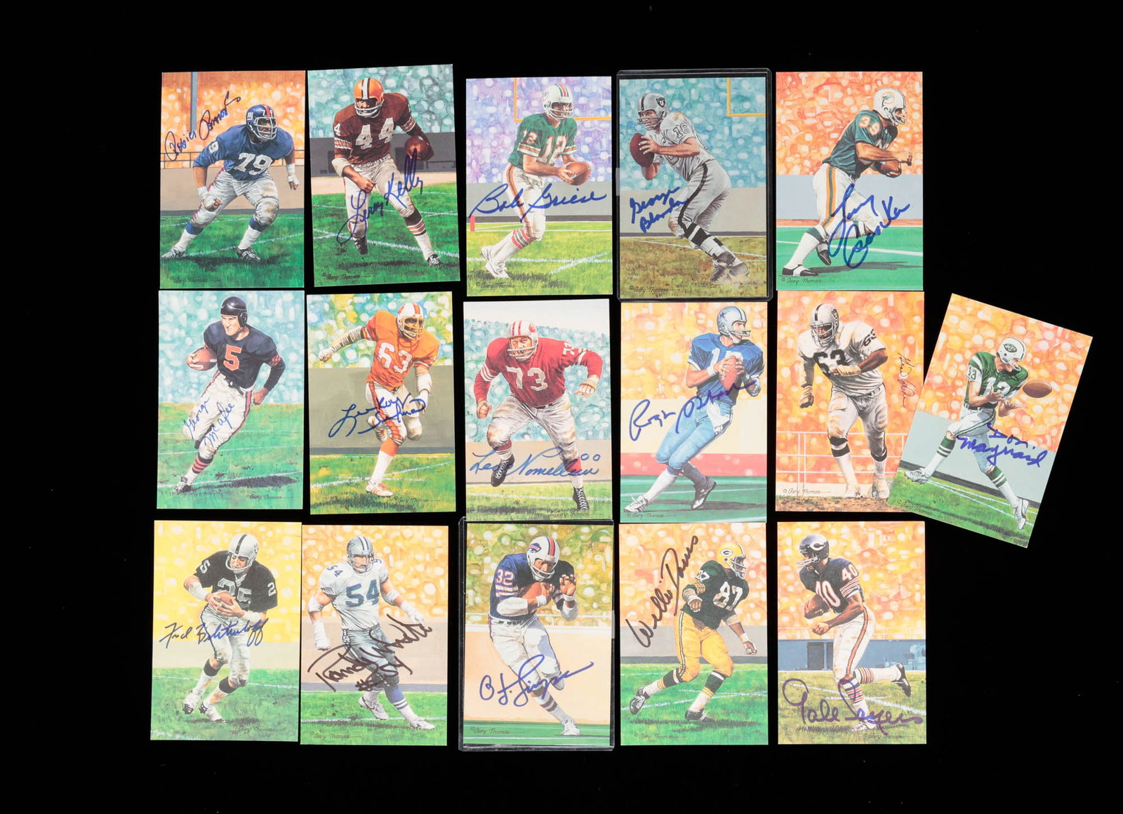 SIXTEEN AUTOGRAPHED PRO FOOTBALL HALL OF FAME CARDS.: American, 20th Century. Group of Goal Line Art Inc. cards including Le Roy Selmon, Willie Davis, Roger Staubach, Gale Sayers, Gene Upshaw, Leo Nomellini, Fred Biletnikoff, George McAfee, Randy White, 