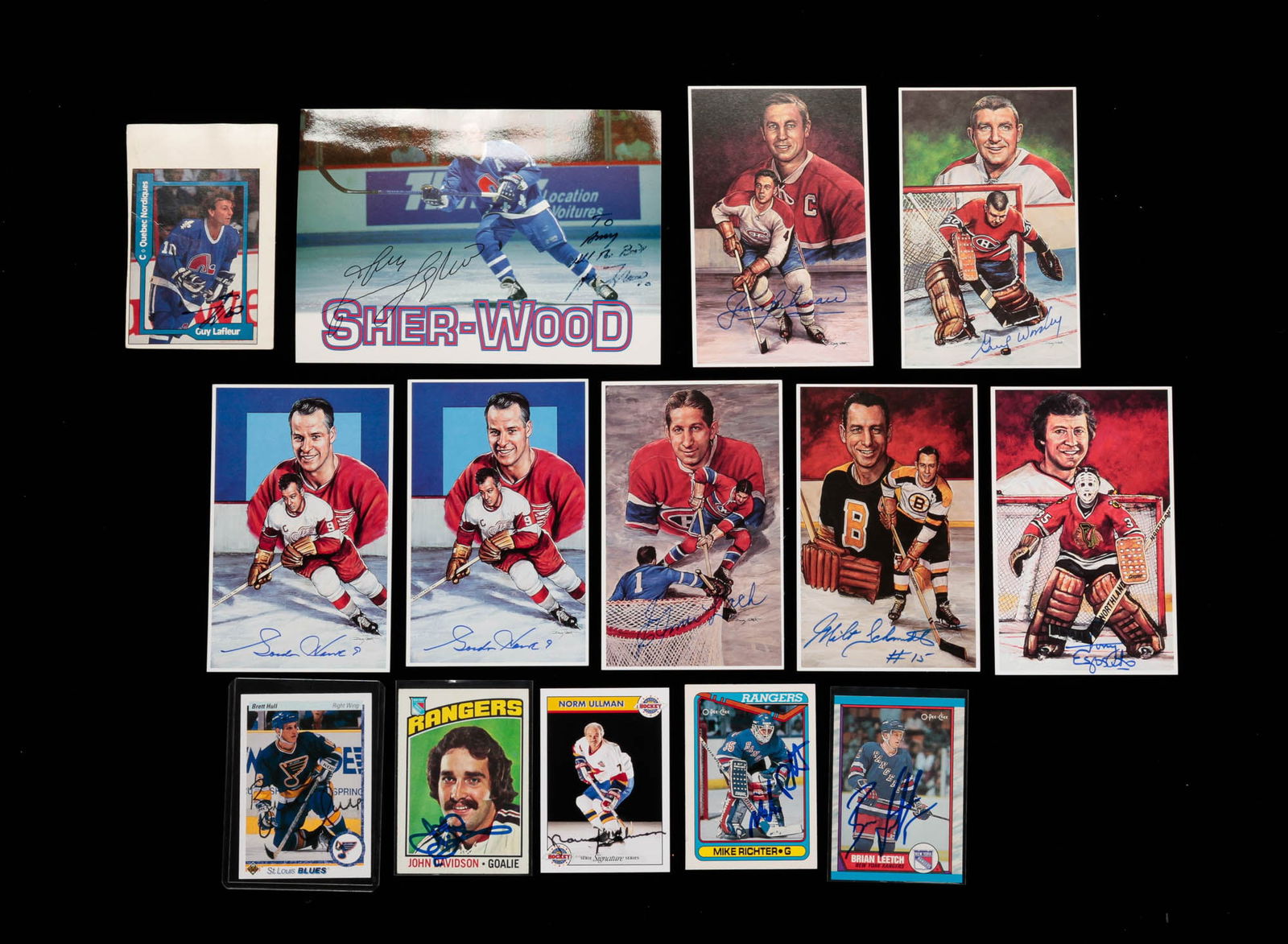 THIRTEEN AUTOGRAPHED HOCKEY TRADING CARDS.: American, 20th Century. Group includes seven Legends of Hockey autographed postcards including John Worsley, Anthony Esposito, Milt Schmidt, Jean Beliveau, Elmer Lach and two Gordie Howe. Six trading