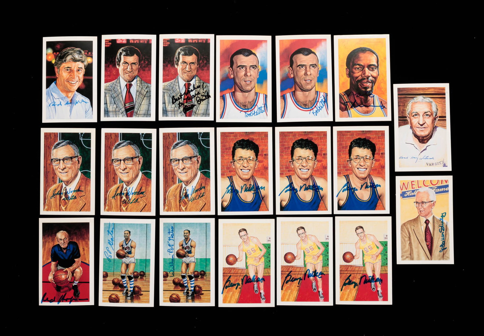 TWENTY AUTOGRAPHED BASKETBALL HALL OF FAME POSTCARDS.: American, 20th Century. Autographs include William "Pop" Gates, George Mikan, Bob Knight, John Wooden, Dean Smith, Bob Pettit, Nate Thurmond, Red Holzman. Group includes duplicates. 19 of 20 autograph
