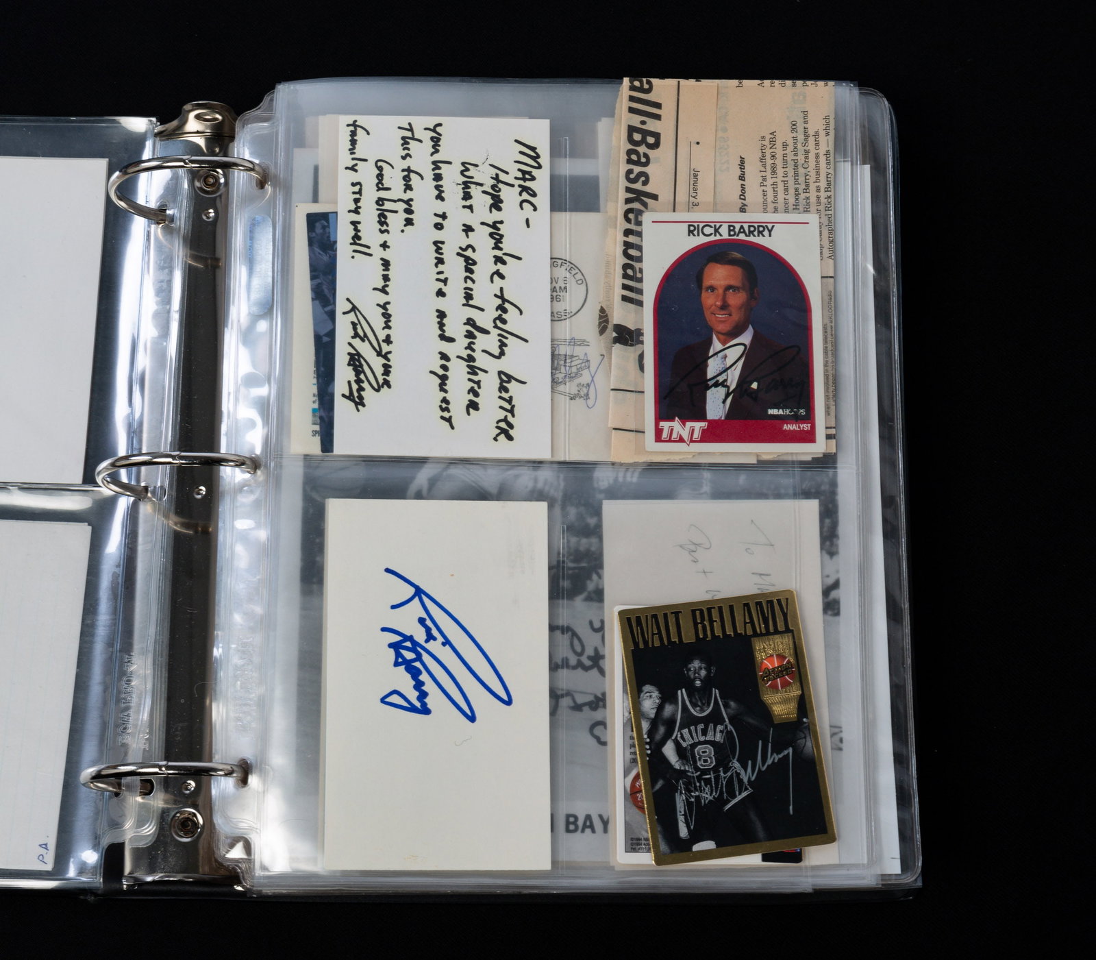COLLECTION OF BASKETBALL HALL OF FAME PLAYER AUTOGRAPHS.: American, 20th Century. Large binder of autographs. Includes Walt Bellamy, Rick Berry, Tom Gola, William "Pops" Gates, Sam Jones and many more. Most with personalized messages. On photographs, player 
