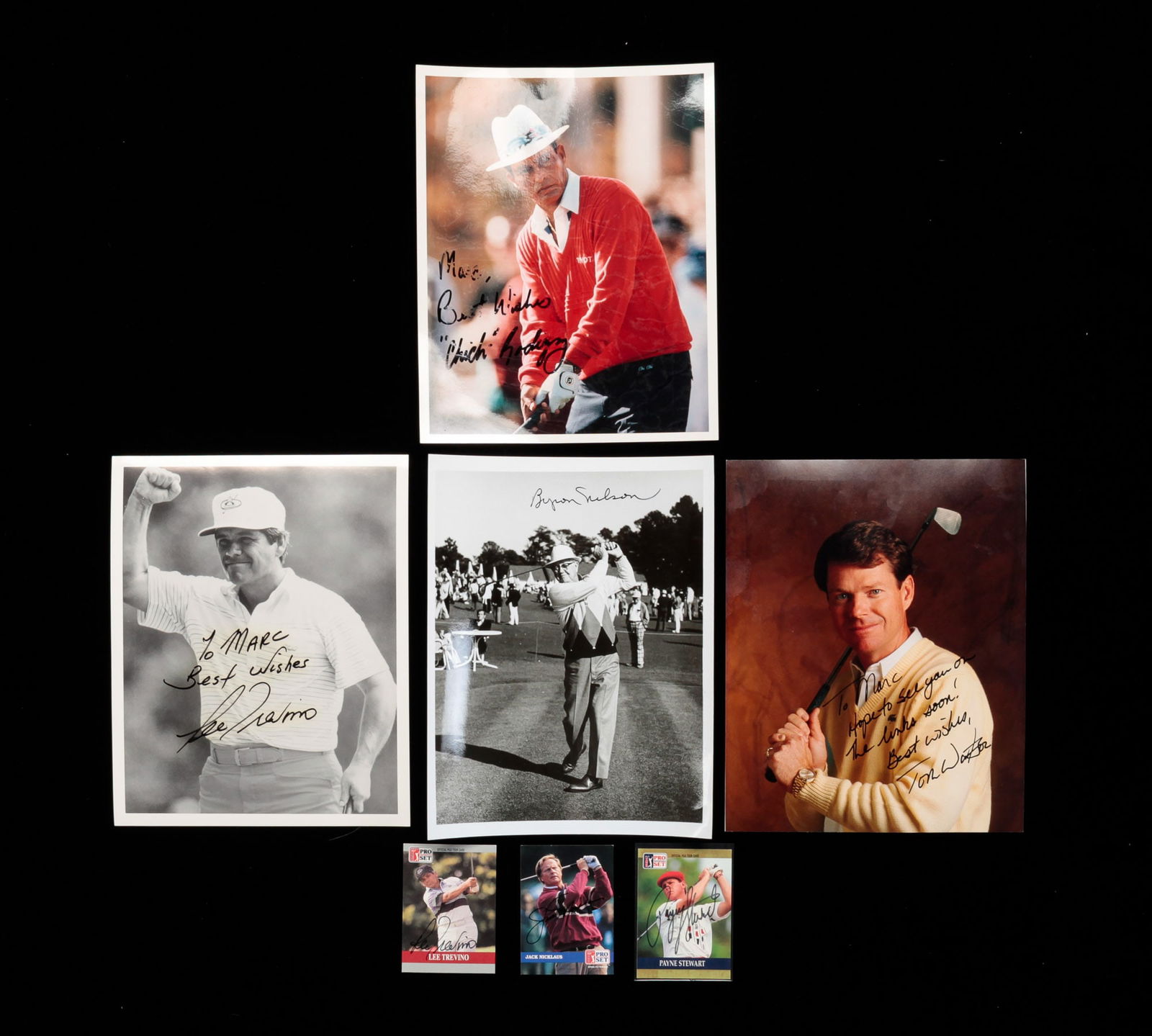 EIGHTEEN PGA AUTOGRAPHS AND PHOTOS.: American, 20th Century. Four autographed photos including Byron Nelson, Lee Trevino, Chi Chi Rodriguez and Tom Watson. 11"h. 8.5"w. Three autographed trading cards including Jack Nicklaus, Lee Trevino