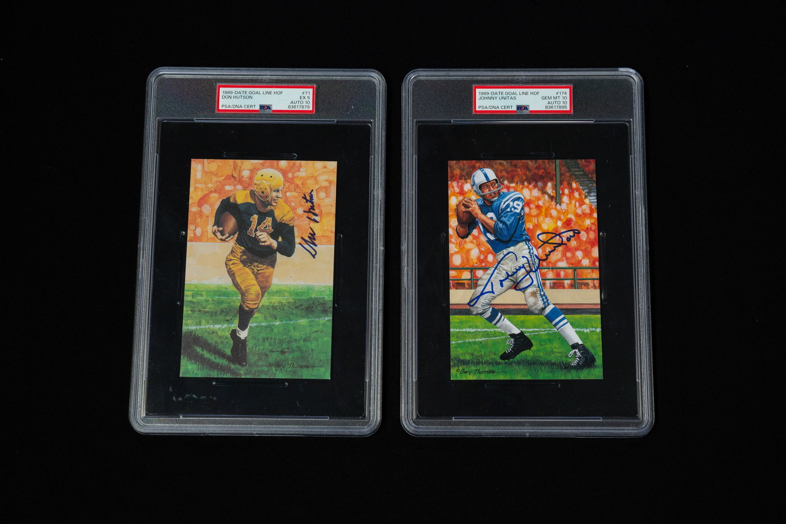TWO 1989 AUTOGRAPHED GOAL LINE HALL OF FAME CARDS.: American, 20th Century. Includes cards for Johnny Unitas and Don Hutson. Both encased and graded. From The Lifetime Sports Memorabilia Collection of Marc Wolff & Amy Brill.