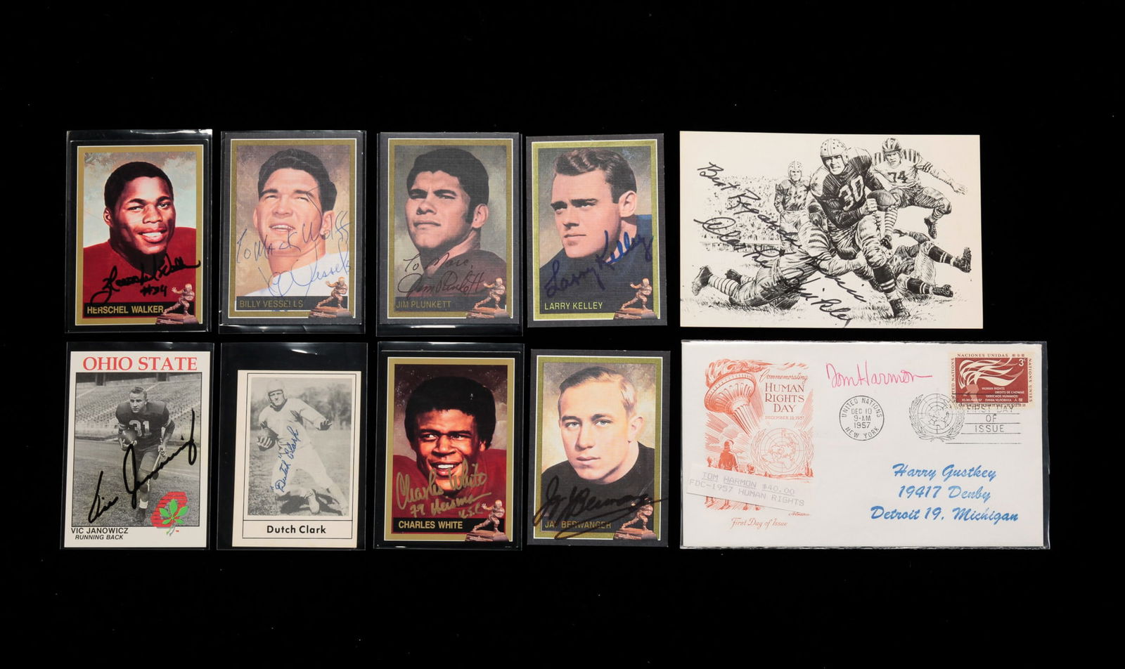 GROUP OF PROFESSIONAL FOOTBALL AUTOGRAPHS.: American, 20th Century. Group includes Charles White, Herschel Walker, Billy Vessells, Vic Janowicz, Clarke Hinkle, Dutch Clark, Jim Plunkett, Larry Kelley, Jay Berwanger, etc. 3.5"h. 2.5"w. Ex. The L