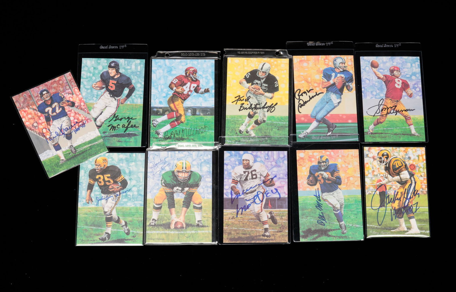 ELEVEN AUTOGRAPHED PRO FOOTBALL HALL OF FAME POSTCARDS.: American, 20th Century. Group includes George McAfee, John Henry Johnson, Bobby Mitchell, Jim Ringo, Fred Biletnikoff, Roger Stauback, Marion Motley, Ollie Matson, Sonny Jurgensen, Jackie Slater and P