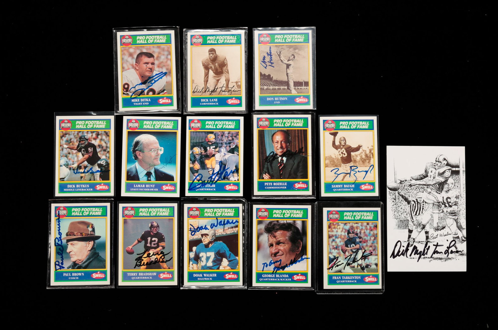 THIRTEEN AUTOGRAPHED PRO FOOTBALL HALL OF FAME TRADING CARDS.: American, 20th Century. Group includes cards with Don Hutson, Mike Ditka, Dick Butkus, Paul Brown, George Blanda, Sammy Baugh, Fran Tarkenton, Doak Walker, Terry Bradshaw, Pete Rozelle, Bart Starr, La