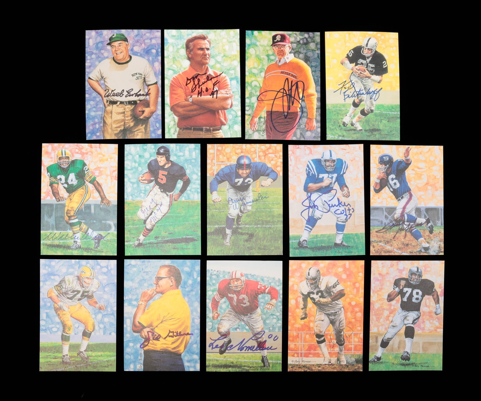 FOURTEEN AUTOGRAPHED PRO FOOTBALL HALL OF FAME CARDS.: American, 20th Century. Group of Goal Line Art Inc cards including Art Schell (not autographed), Willie Wood, Arnie Weinmeister, George McAfee, Frank Gifford, Jim Parker, Don Shula, Weeb Ewbank, Joe G