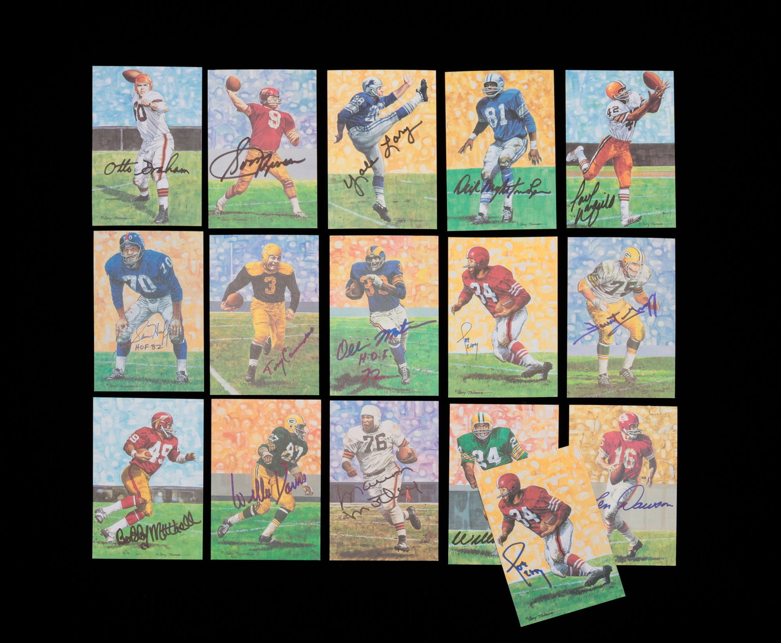 SIXTEEN AUTOGRAPHED PRO FOOTBALL HALL OF FAME CARDS.: American, 20th Century. Group of Goal Line Art Inc. cards including Marion Motley, Willie Davis, Forrest Gregg, Joe Perry, Tony Canadeo, Sam Huff, Otto Graham, Sonny Jurgensen, Bobby Mitchell, Len Daw