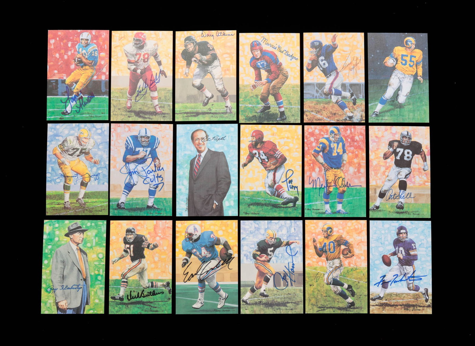 EIGHTEEN AUTOGRAPHED PRO FOOTBALL HALL OF FAME CARDS.: American, 20th Century. Group of Goal Line Art Inc. Limited Edition cards including Elroy Hirsch, Paul Hornung, Dick Butkus, Earl Campbell, Ray Flaherty, Forrest Gregg, Joe Perry, Pete Rozelle, Merlin