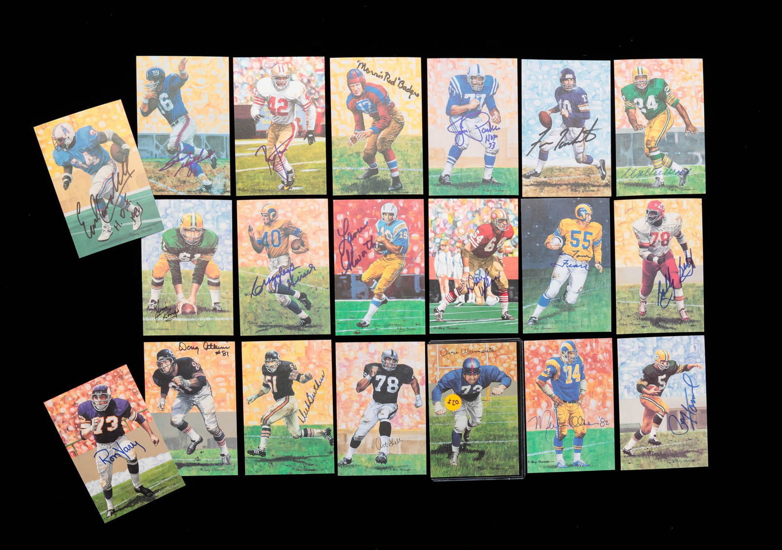 TWENTY AUTOGRAPHED PRO FOOTBALL HALL OF FAME CARDS.: American, 20th Century. Group of Goal Line Art Inc. cards including Dave Wilcox, Ronnie Lott, Lance Alworth, Morris Badgro, Tom Fears, Frank Gifford, Merlin Olsen, Jim Parker, Art Shell, Fran Tarkento