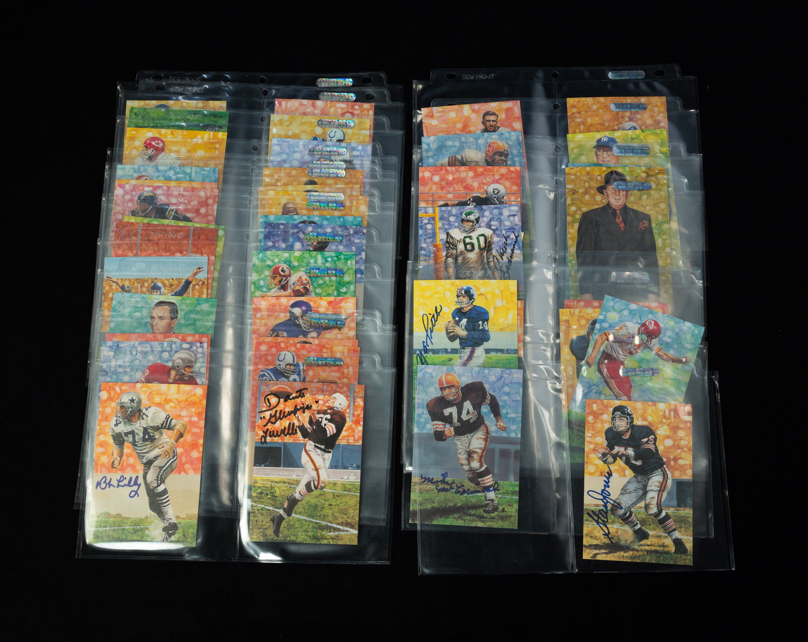 COLLECTION OF PRO FOOTBALL HALL OF FAME CARDS.: American, 20th Century. Approximately 40 cards, mostly autographed. Featuring signatures from Jim Otto, Leonard Moore, Larry Little, John Mackey, Bill Dudley and others. Ex. The Lifetime Sports Memora