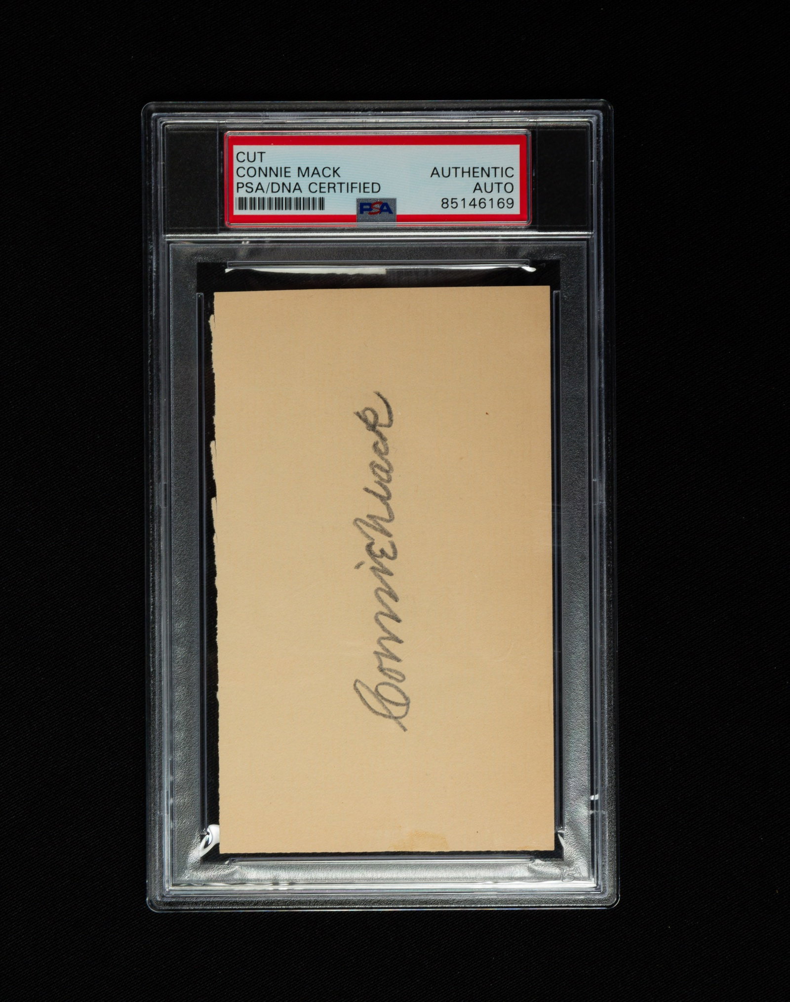 CONNIE MACK PSA-VERIFIED SIGNATURE.: American, 20th Century. Pencil signature on card. Encased and graded. Ex. The Lifetime Sports Memorabilia Collection of Marc Wolff & Amy Brill.