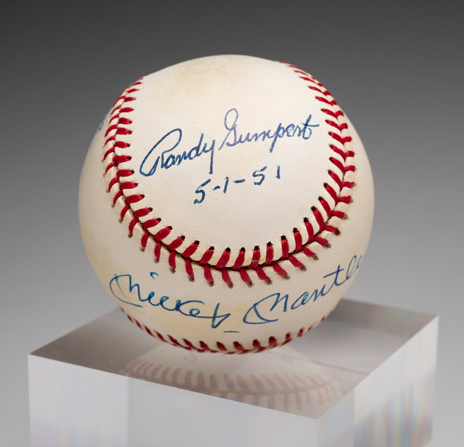 MICKEY MANTLE AUTOGRAPHED BASEBALL.: American, 20th Century. Three signature baseball. Mickey Mantle, Randy Gumpert and a third signer. Blue ink. Ex. The Lifetime Sports Memorabilia Collection of Marc Wolff & Amy Brill.