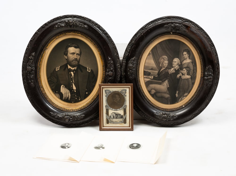 GROUPING OF PRESIDENTIAL PIECES.: American. Two, third quarter 19th Century, oval prints, George Washington and family and General U.S. Grant. In decorated frames, each 17"h. A framed commemorative postcard print celebrating the 100th