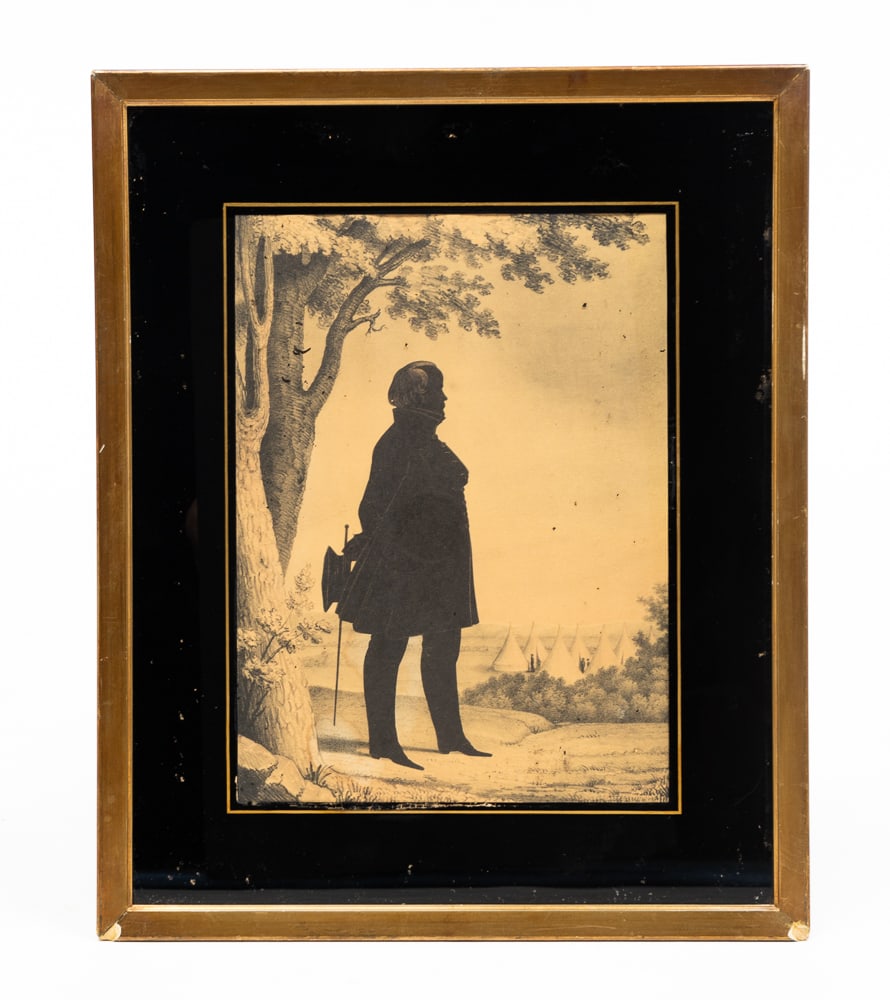 KELLOGG SILHOUETTE LITHOGRAPH OF ALEXANDER MACOMB.: American, mid-19th Century. Full length portrait with military encampment in background. Eglomise black and gold mat and thin gold frame. Some flaking on mat. 19.25"h. 15.75"w.