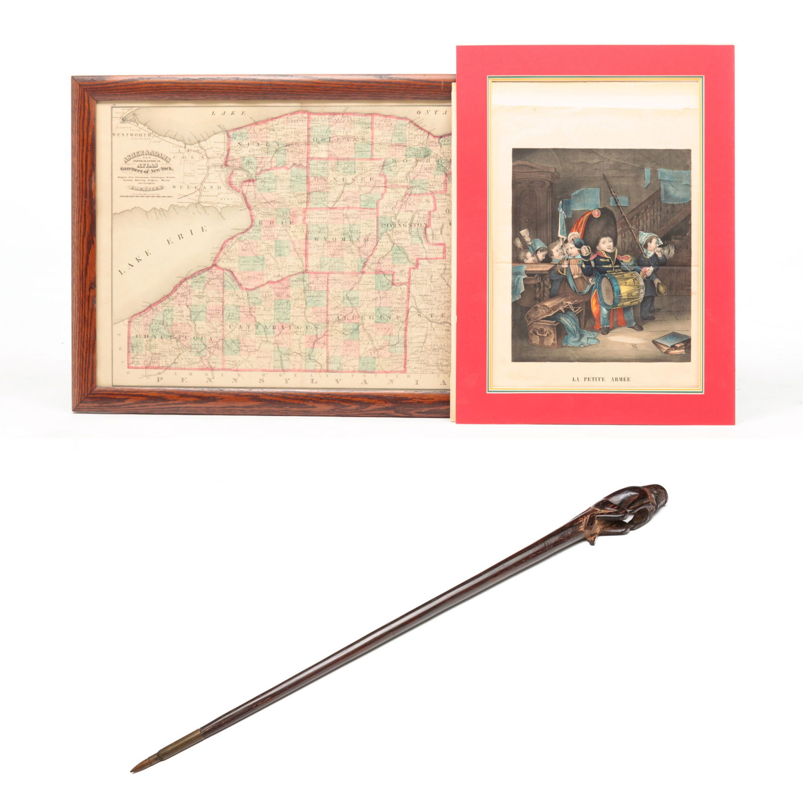 MAP, PRINT & MILITARY SWAGGER STICK.: American and French, fourth quarter 19th Century. Hand colored. Engraved "Asher & Adams" map of New York counties for the "Gazetteer of New York". Framed, 19.5"h. 27.5"w. And a lithograph of boys dres